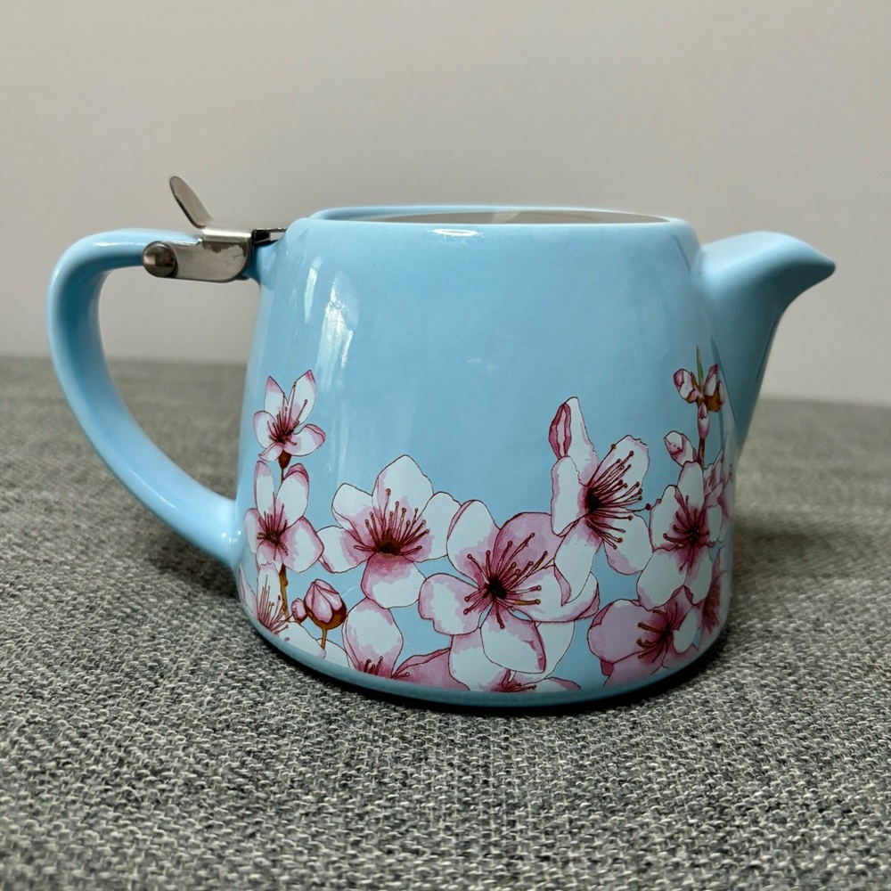 Pink Cherry Blossoms Blue Ceramic Tea Pot